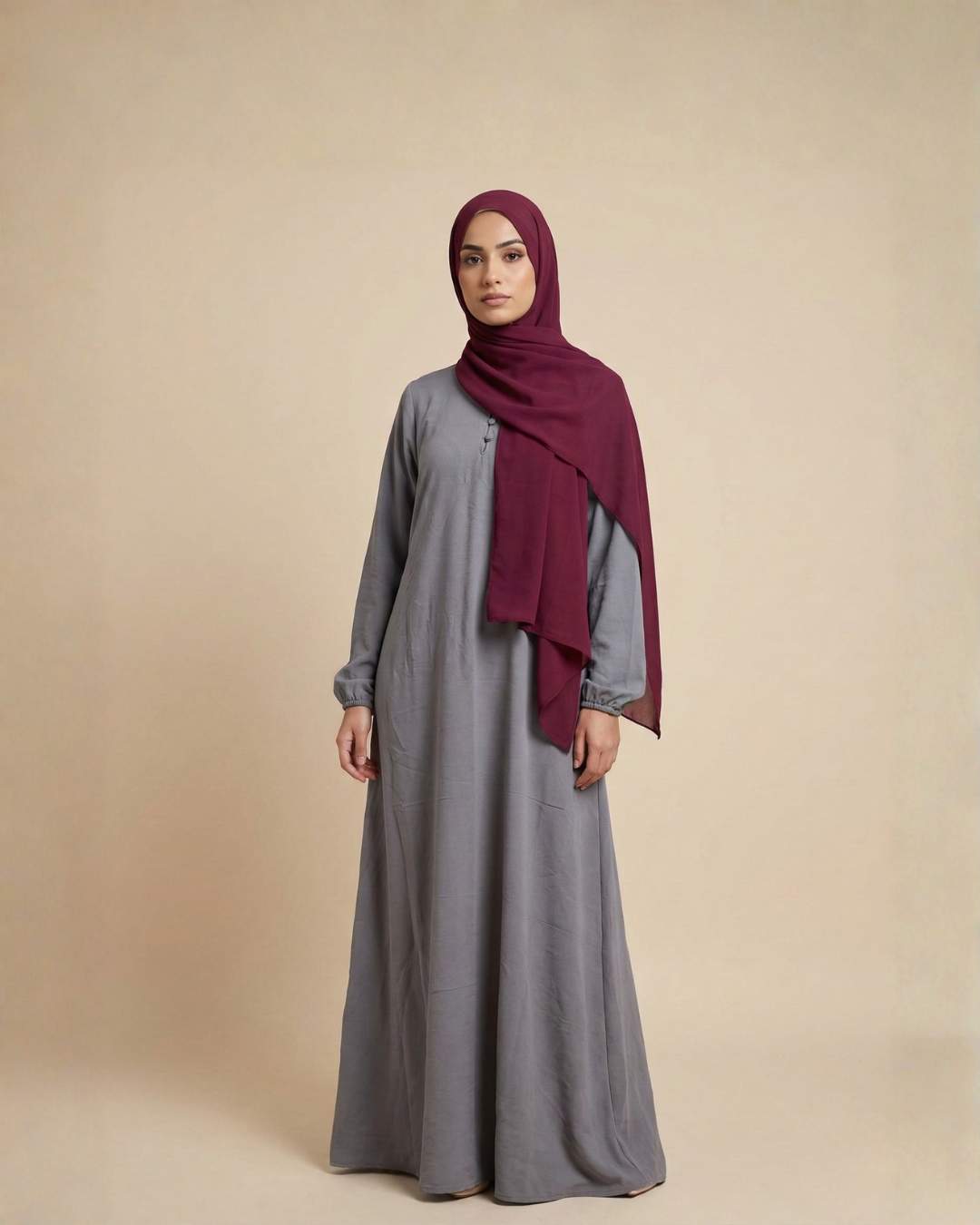 grey abaya dress with maroon hijab