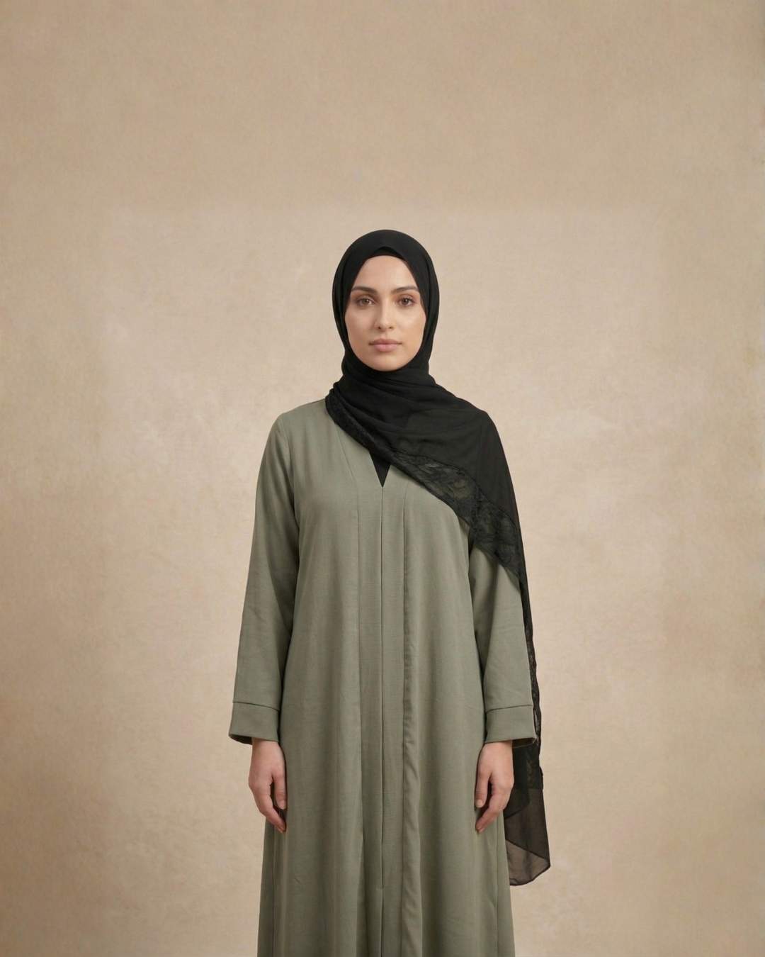 Olive Green Abaya Dress with Black Hijab - Image 2
