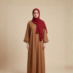 brown abaya dress with striped panel and hijab