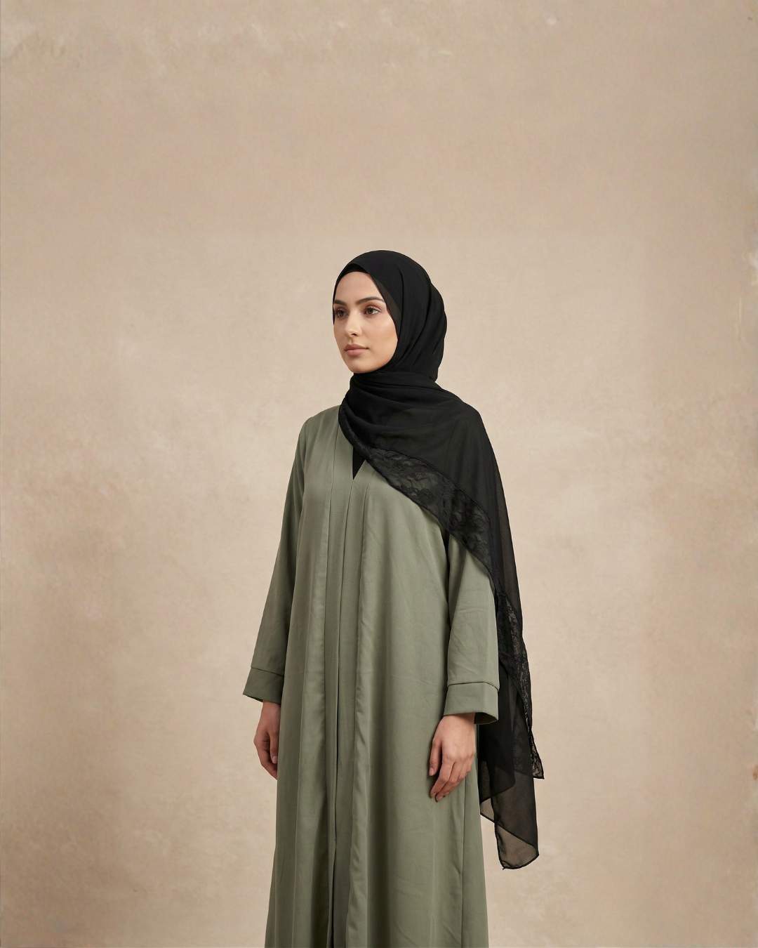 Olive Green Abaya Dress with Black Hijab - Image 3