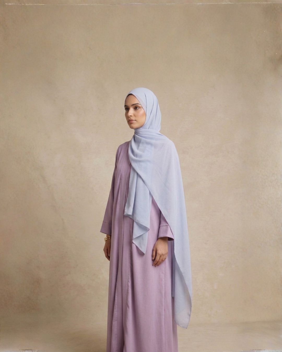 Lavender Abaya Dress with Soft Blue Hijab – Striped Panel Design - Image 3