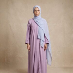 lavender abaya dress with soft blue hijab striped panel design