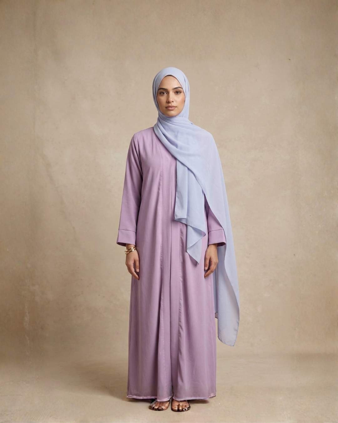 lavender abaya dress with soft blue hijab striped panel design