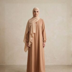beige abaya dress with panel design and hijab