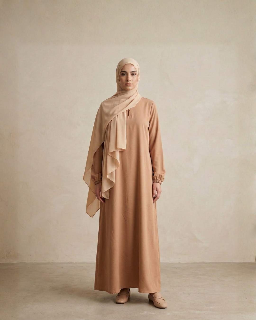 beige abaya dress with panel design and hijab