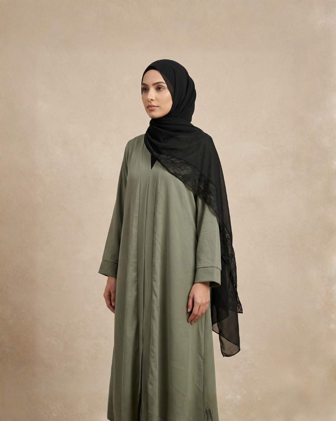 olive green abaya dress with black hijab modest fashion outfit