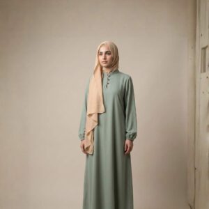 Sage Green Abaya Dress With Beige Hijab