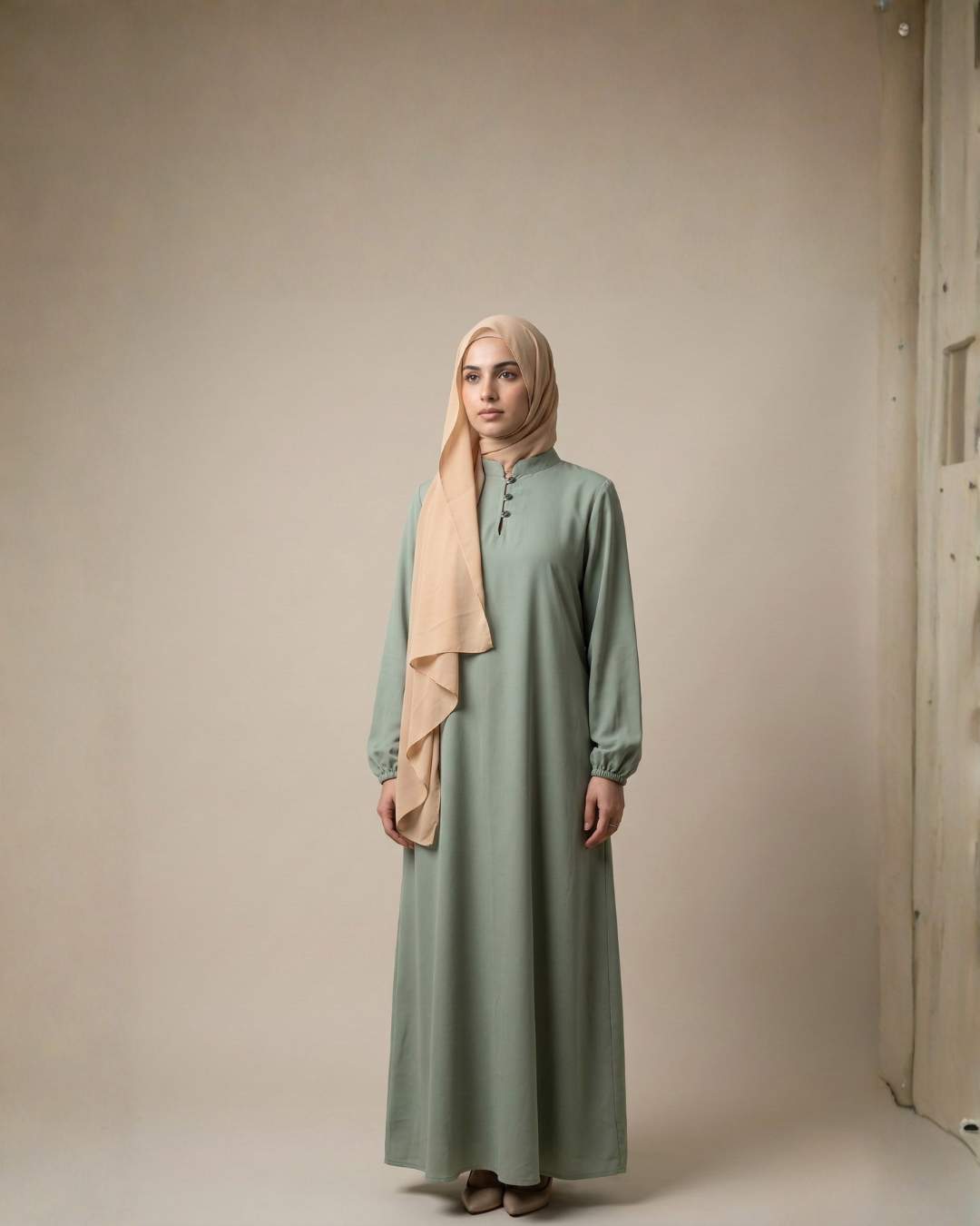 Sage Green Abaya Dress With Beige Hijab