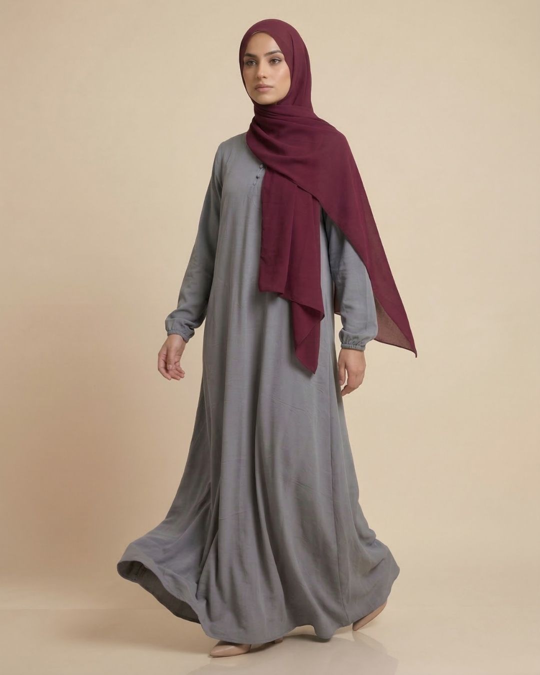 Grey Abaya Dress with Maroon Hijab - Image 3