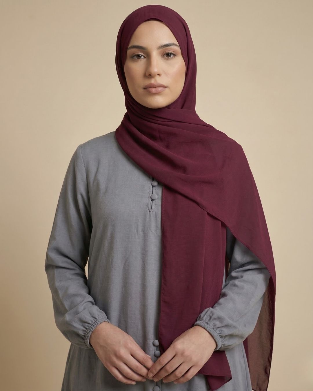 Grey Abaya Dress with Maroon Hijab - Image 4