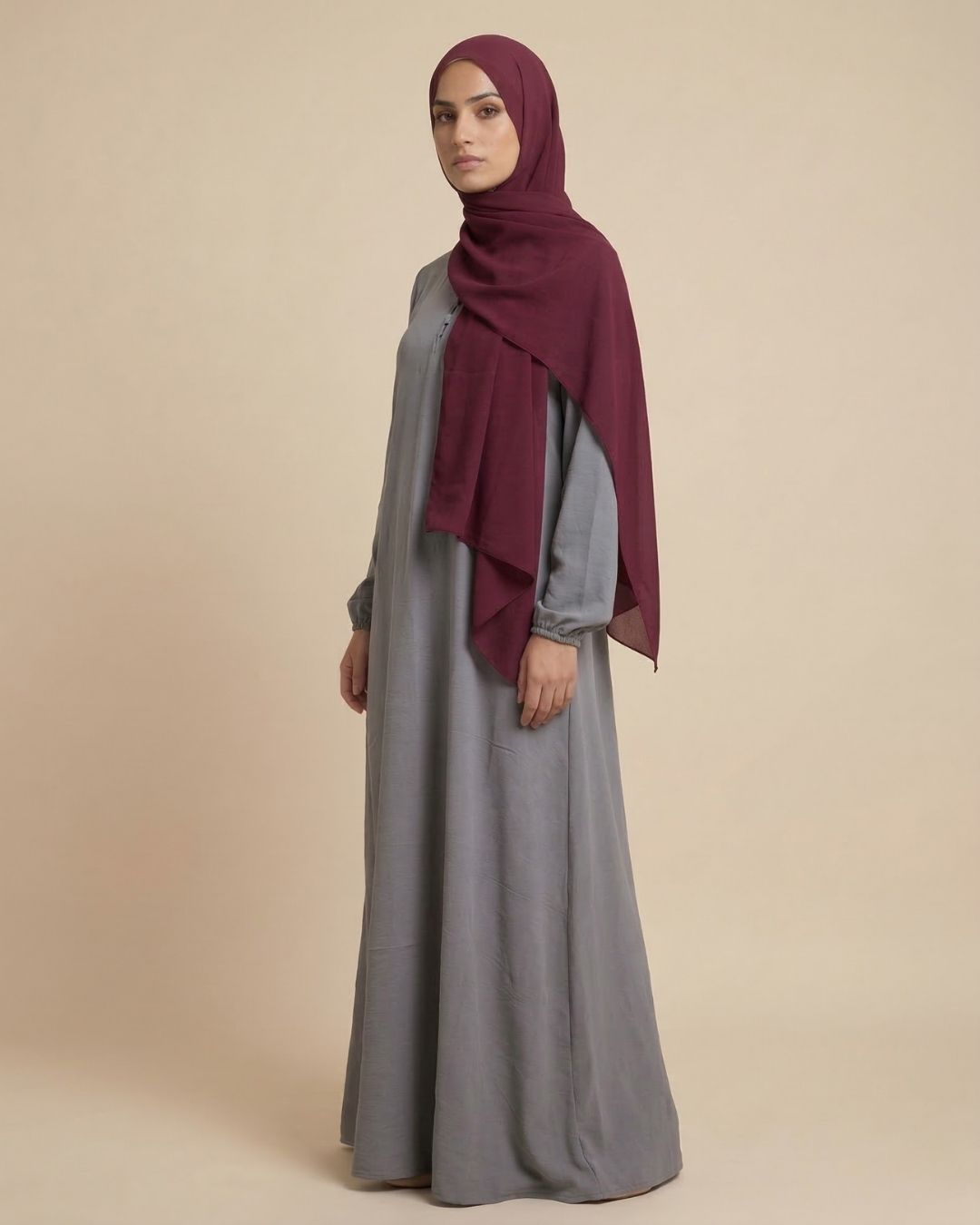 Grey Abaya Dress with Maroon Hijab - Image 6