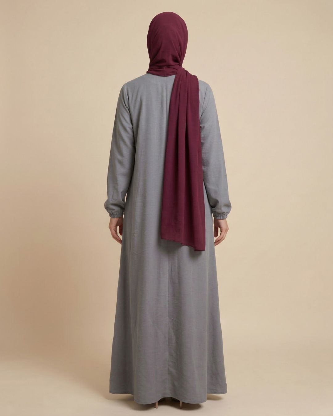 Grey Abaya Dress with Maroon Hijab - Image 7